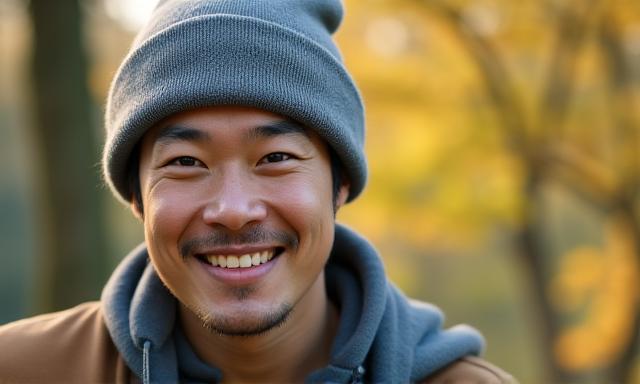 自然の中でビーニーを着用し、温かい表情の男性